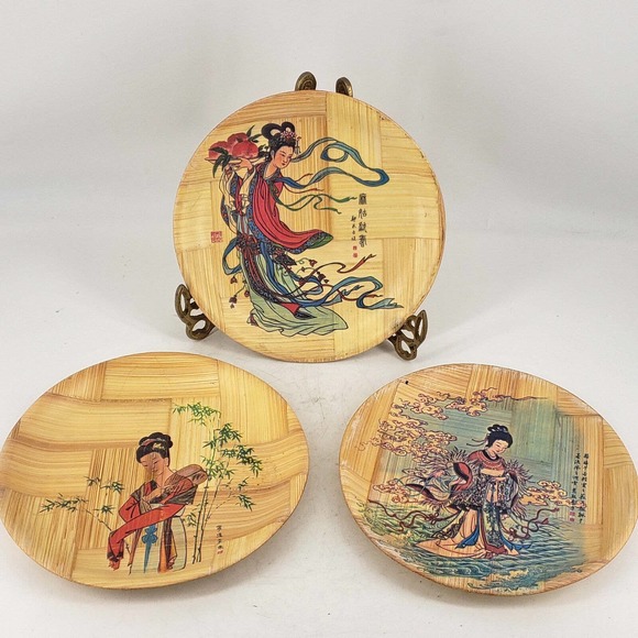 Set of 3 Hand Painted Woven Bamboo Plates Decorative Plates - Picture 1 of 5